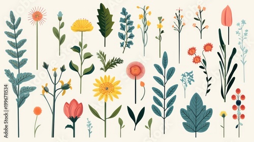 A diverse collection of stylized botanical elements captured in a clean, contemporary art style.