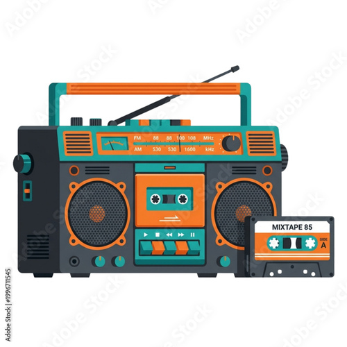 Retro Boombox and Cassette Tape – 80s Music Illustration