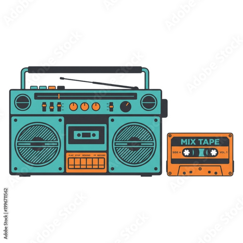 Vintage Boombox and Orange Mix Tape Illustration