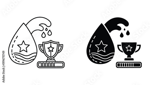 Black and white line and solid icon set of a water drop with a star and trophy