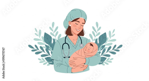  International Day of the Midwife  nurse wearing scrubs and a surgical cap, holding a newborn baby wrapped in a blanket, surrounded by green leaves
