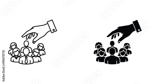 Two illustrations of a hand choosing a person from a group of people in black and white