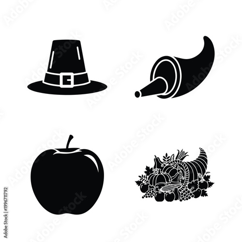 Thanksgiving collection of pilgrim hat, cornucopia, apple, and bountiful harvest horn