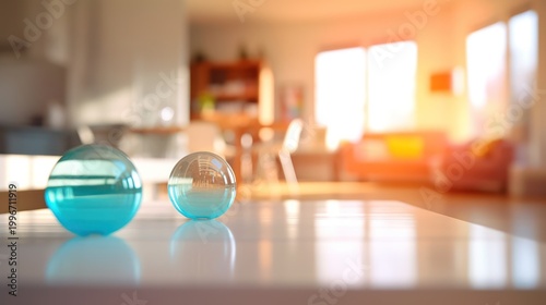 Serene minimalist glass spheres captured in the warm embrace of golden hour light.