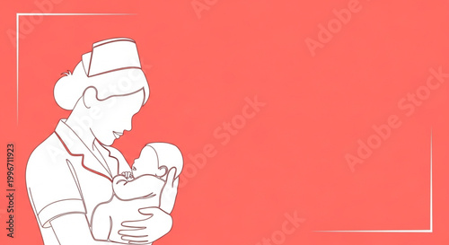  International Day of the Midwife Illustration of a Nurse holding a Newborn Baby in her Arms on a Coral Background