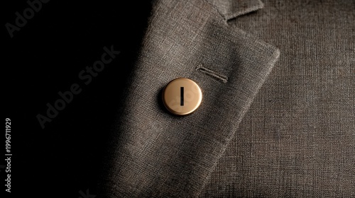 Elegant gold circular lapel pin with black letter 'I' affixed to the fabric of a sophisticated grey blazer symbolizing identity and personal style