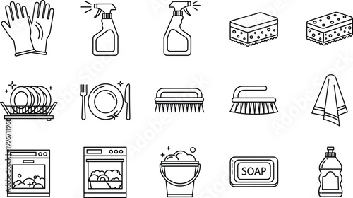 Dishwashing and Cleaning Icons Vector Set for Kitchen, Household, and Hygiene Designs