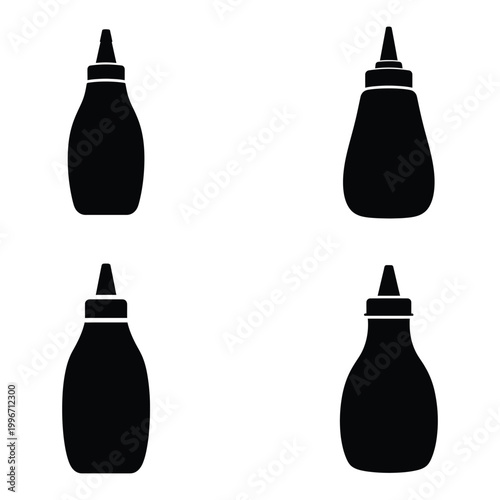Four black squeeze bottles icons isolated on white background