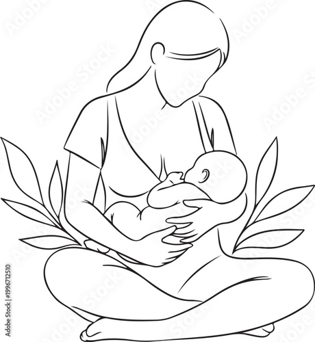 Elegant Continuous Line Drawing of Mother Breastfeeding Her Newborn Baby

Motherhood and Infant Care Minimalist Line Art Illustration for Parenting

Breastfeeding Mom Silhouette with Leaves for Natura