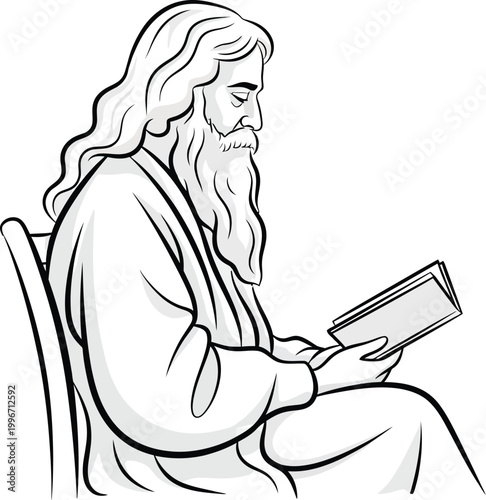 Rabindranath Tagore Line Art Portrait of the Nobel Laureate
Bengali Poet Tagore Reading Book Silhouette Vector

Nobel Laureate Rabindranath Tagore
Indian Poet Tagore Sketch Reading a Book Illustration