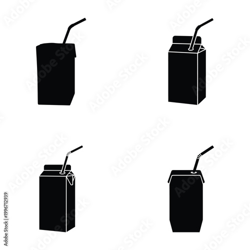Black juice box with straw vector icons isolated on white background