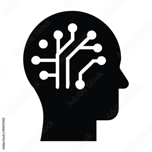 Artificial intelligence icon, digital brain concept, human head silhouette with circuit board pattern inside, vector illustration