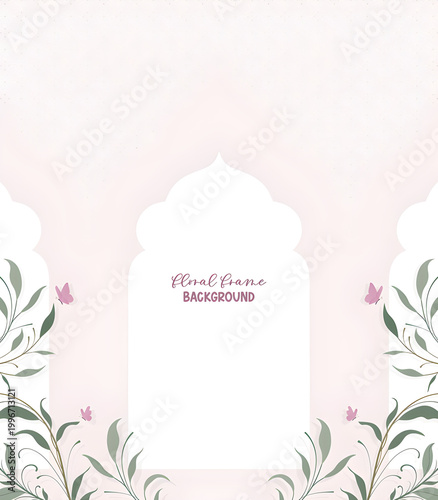 Soft and delicate floral frame background with subtle arched elements and elegant butterflies, perfect for invitations and greeting cards