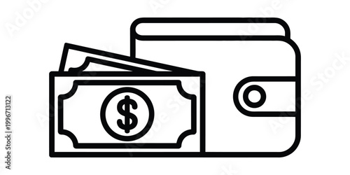 Black line icon of wallet with dollar bills isolated on white background