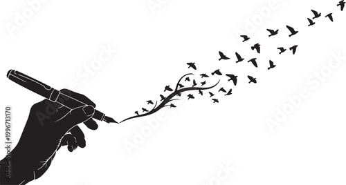 Artistic Fountain Pen Drawing Flying Birds Silhouette for Creativity Concept

Hand Holding Pen with Birds Flying Out Illustration for Writing Inspiration

Creative Writing and Storytelling Graphic wit