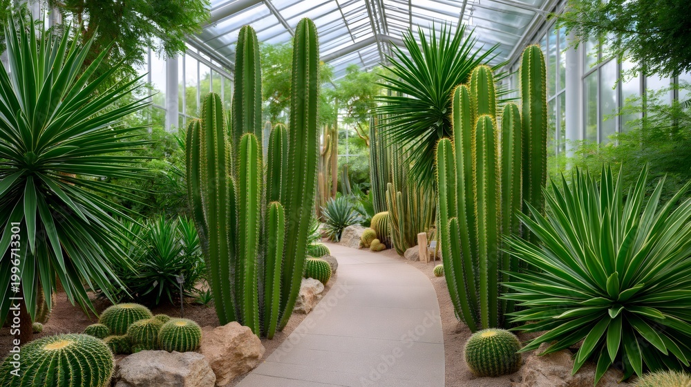 Fototapeta premium Cacti and desert plants growing in botanical garden greenhouse