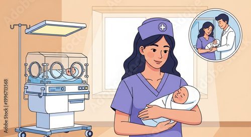  International Day of the Midwife Caring Nurse Holding Newborn Baby in Incubator Room with Parents in Background