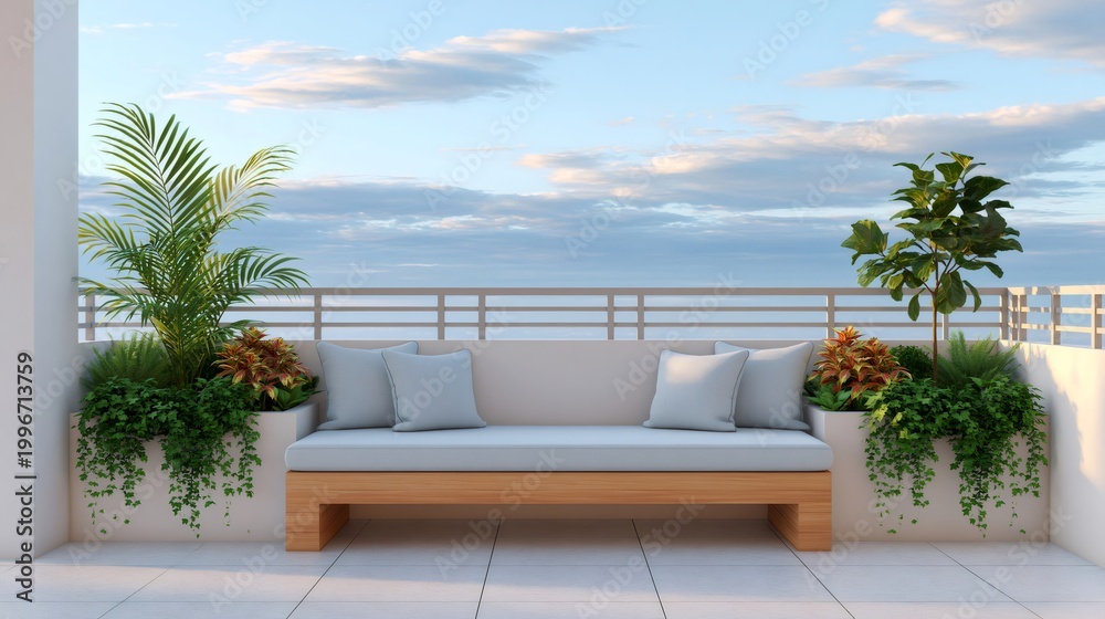 Obraz premium Modern patio sofa with lush green plants on balcony