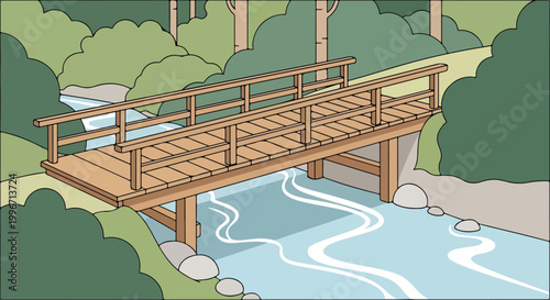 Foto A serene wooden bridge over a gentle stream (1)