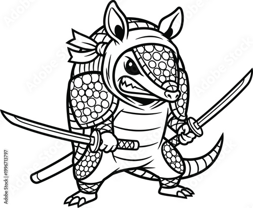 Armadillo wearing samurai armor holding two swords  cute cartoon illustration