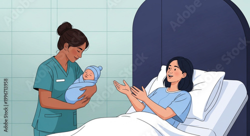  International Day of the Midwife New Mother Receives Her Newborn Baby from a Nurse in the Hospital Maternity Ward
