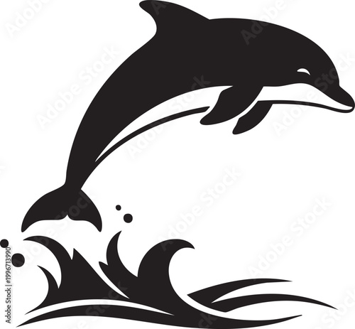 Black dolphin jumping wave, marine mammal silhouette, ocean icon, aquatic animal