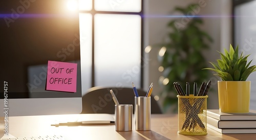 Out of Office Note on Computer Screen in Modern Workspace with Sunlight.