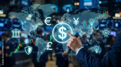 Global Financial Market Analysis with Currency Symbols and Trading Charts