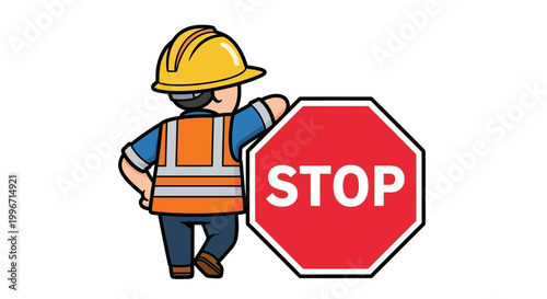 Cartoon construction worker in safety vest and hard hat isolated on white