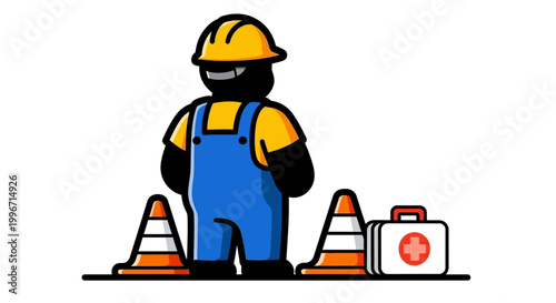 Cartoon construction worker with safety helmet standing by traffic cone