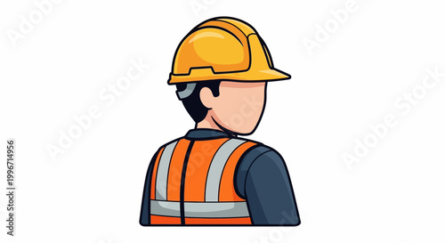 Construction worker in orange safety vest and yellow hard hat character illustration with copy space on white background