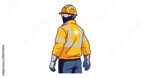 Construction worker wearing a safety vest and hard hat isolated on white