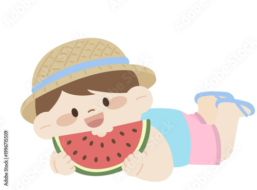 여름 활동을 하는 귀여운 어린이 유아 캐릭터 물놀이하는 어린이 플랫 일러스트 Cute kid character for summer activities, flat illustration of kids playing in summer.
