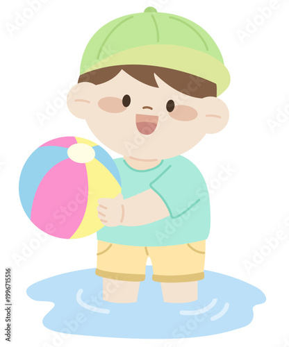 여름 활동을 하는 귀여운 어린이 유아 캐릭터 물놀이하는 어린이 플랫 일러스트 Cute kid character for summer activities, flat illustration of kids playing in summer.
