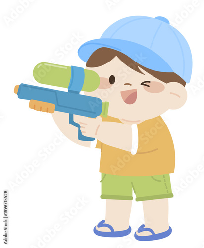 여름 활동을 하는 귀여운 어린이 유아 캐릭터 물놀이하는 어린이 플랫 일러스트 Cute kid character for summer activities, flat illustration of kids playing in summer.
