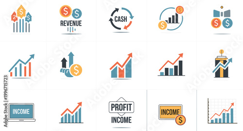 Revenue Cash Flow and Income Growth Icon Set with Bar Charts, Profit, Coins, and Financial Symbols for Business, Banking, and App DesignsRevenue Cash Flow and Income Growth Icon Set with Bar 