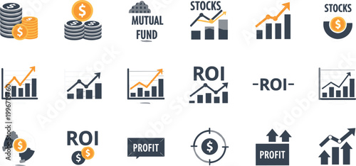Stock Market ROI and Profit Growth Icon Set with Coins, Charts, Mutual Fund, and Investment Symbols for Finance and Business App DesignsStock Market ROI and Profit Growth Icon Set with Coins, 