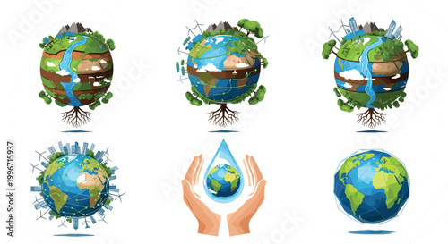 
Green Earth and Environmental Conservation Vector Set with Globe, Water Drop, Wind Turbine, Trees, and Eco Planet for Nature and Sustainability Designs
Green Earth and Environmental Conservation 