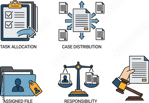 Business workflow icons illustrate task allocation, case distribution, and legal responsibility management.