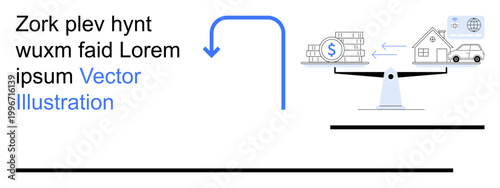 Budgeting, financial management, economic balance, family finance, asset distribution, investment planning. Illustration of a scale weighing money against a house and car. Budgeting and financial
