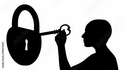 Silhouette of a person unlocking a giant padlock with a key symbolizing freedom and security