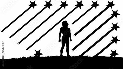 Silhouette of a person standing under a starry night sky with shooting stars