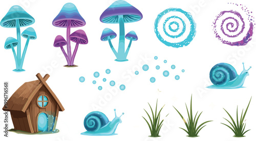 Fantasy Mushroom and Snail Fairy Tale Element Set with Magic House, Spiral, Grass, and Bubbles for Game, Sticker, and Cartoon DesignsFantasy Mushroom and Snail Fairy Tale Element Set with 