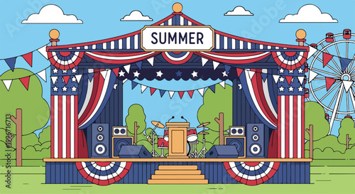 A colorful outdoor stage for summer events with patriotic decorations