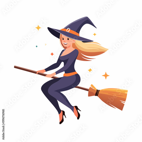 Cartoon Witch Flying on Broomstick with Stars