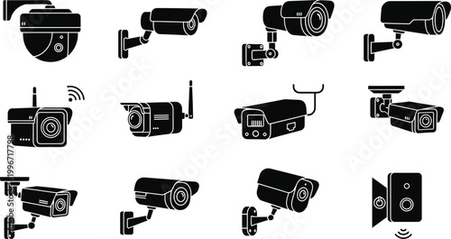 Security Camera and Surveillance System Icons Vector Set for Protection, Monitoring, and Safety Designs