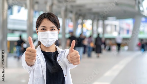 Young woman wearing a face mask giving thumbs up outdoors.