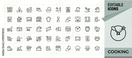 Cooking icon. Minimalist linear icons. Pack of restaurant, utensil, recipe, bake, food, kitchen. Vector illustration. Pixel perfect. Kitchen icon set.