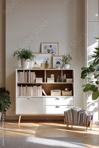 Modern living room scene with bookshelf, books, plants, and natural light