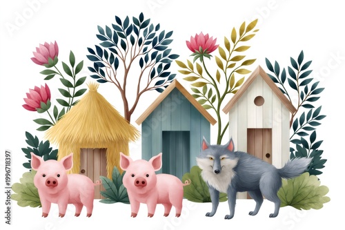 Three Little Pigs fairy tale with wolf and houses